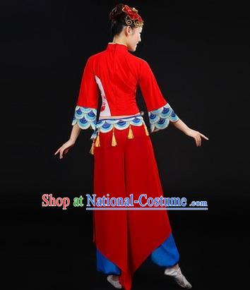 Traditional Chinese Yangge Fan Dancing Costume, Folk Dance Yangko Costume Drum Dance Peony Red Clothing for Women