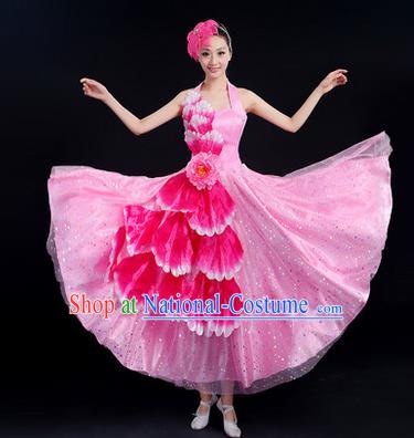 Traditional Chinese Modern Dancing Costume, Women Opening Classic Chorus Singing Group Dance Peony Costume, Folk Dance Costume, Modern Dance Pink Dress for Women