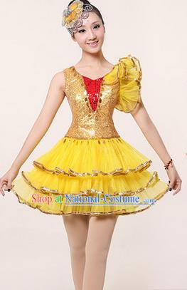 Traditional Chinese Modern Dancing Costume, Women Opening Classic Stage Performance Chorus Singing Group Dance Paillette Costume, Modern Dance Yellow Bubble Dress for Women