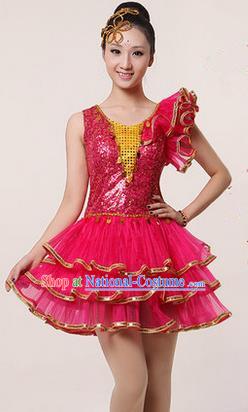 Traditional Chinese Modern Dancing Costume, Women Opening Classic Stage Performance Chorus Singing Group Dance Paillette Costume, Modern Dance Rose Bubble Dress for Women