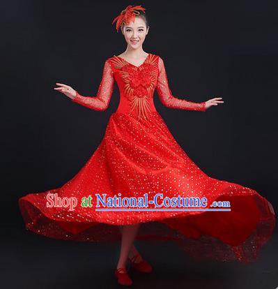 Traditional Chinese Modern Dancing Costume, Women Opening Classic Stage Performance Chorus Singing Group Dance Paillette Costume, Modern Dance Long Red Dress for Women