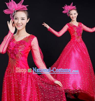 Traditional Chinese Modern Dancing Costume, Women Opening Classic Stage Performance Chorus Singing Group Dance Paillette Costume, Modern Dance Long Rose Dress for Women