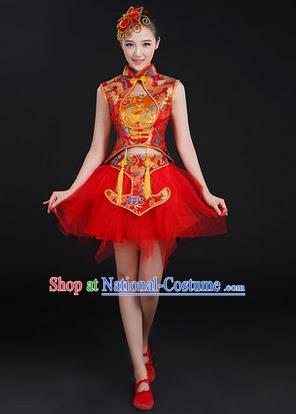 Traditional Chinese Modern Dancing Costume, Women Opening Classic Chorus Singing Group Dance Costume, Modern Dance Mandarin Collar Bubble Red Dress for Women