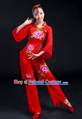 Traditional Chinese Yangge Fan Dancing Costume, Folk Dance Yangko Costume Drum Dance Red Peony Clothing for Women