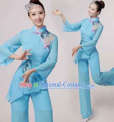 Traditional Chinese Yangge Fan Dancing Costume, Folk Dance Yangko Costume Drum Dance Blue Embroider Clothing for Women