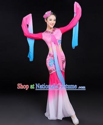 Traditional Chinese Yangge Fan Dancing Costume, Folk Dance Yangko Water-Sleeve Costume Drum Dance Pink Fairy Hanfu Clothing for Women