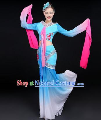 Traditional Chinese Yangge Fan Dancing Costume, Folk Dance Yangko Water-Sleeve Costume Drum Dance Blue Fairy Hanfu Clothing for Women