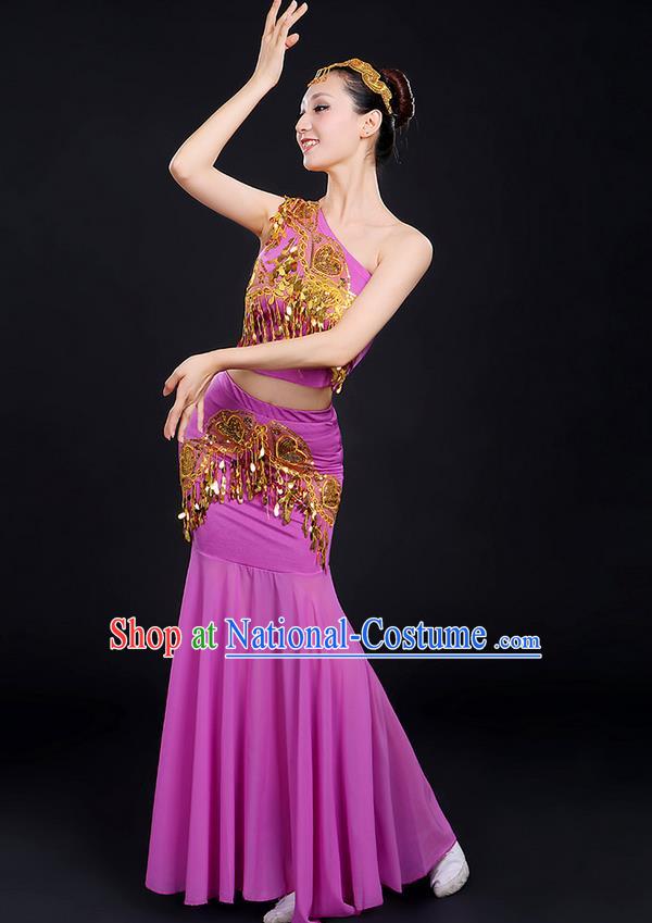 Traditional Chinese Dai Nationality Peacock Dancing Costume, Folk Dance Ethnic Paillette Dress, Chinese Minority Nationality Classic Dance Purple Costume for Women