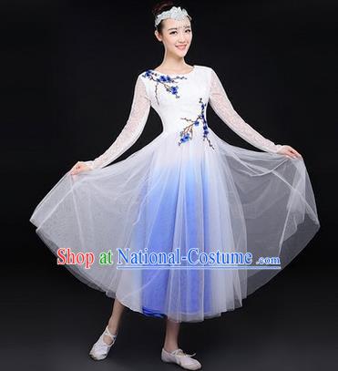 Traditional Chinese Modern Dancing Costume, Women Opening Classic Chorus Singing Group Dance Paillette Costume, Classic Dance Plum Blossom Costume, Modern Dance Long White Dress for Women