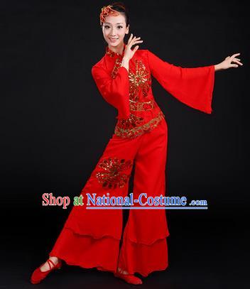 Traditional Chinese Yangge Fan Dancing Costume, Folk Dance Yangko Costume Drum Dance Embroidered Red Clothing for Women