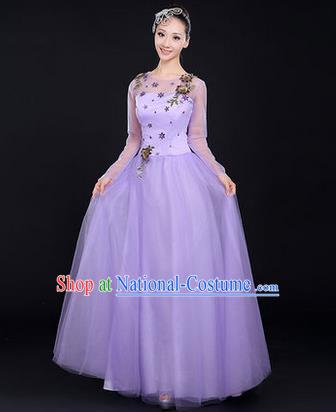 Traditional Chinese Modern Dancing Costume, Women Opening Classic Chorus Singing Group Dance Costume, Modern Dance Purple Bubble Dress for Women