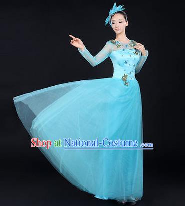 Traditional Chinese Modern Dancing Costume, Women Opening Classic Chorus Singing Group Dance Costume, Modern Dance Blue Bubble Dress for Women