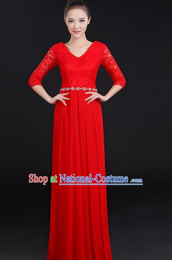 Traditional Chinese Modern Dancing Costume, Women Opening Classic Chorus Singing Group Dance Lace Clothing, Modern Dance Long Red Dress for Women