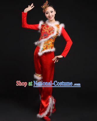 Traditional Chinese Yangge Fan Dancing Costume, Classic Dance Folk Dance Yangko Costume Drum Dance Red Dragon Clothing for Women