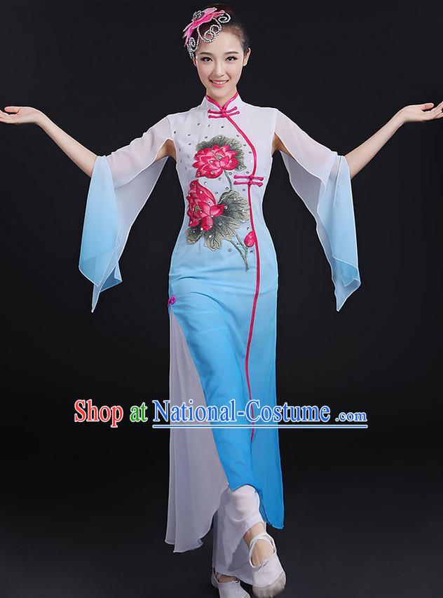 Traditional Chinese Yangge Fan Dancing Costume, Opening Dance Costume, Classic Dance Folk Lotus Dance Yangko Costume Drum Dance Blue Clothing for Women