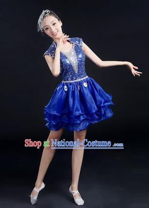 Traditional Chinese Modern Dancing Costume, Women Opening Classic Chorus Singing Group Dance Paillette Costume, Modern Dance Short Blue Peony Dress for Women