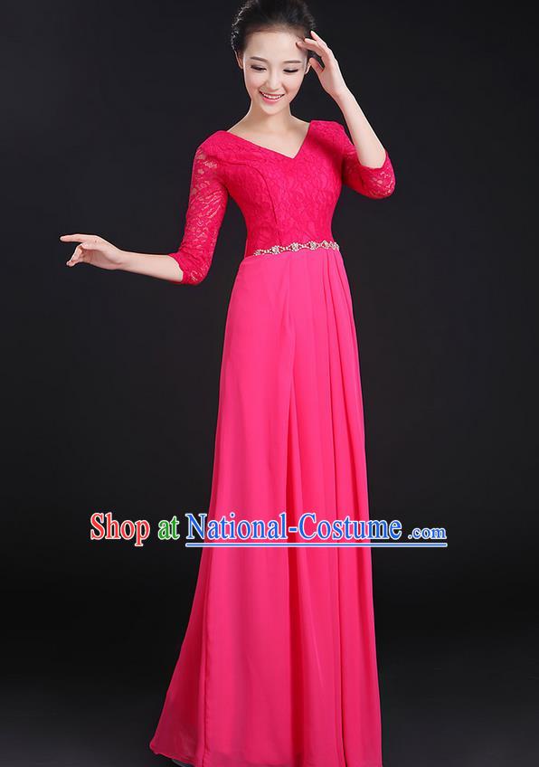 Traditional Chinese Modern Dancing Costume, Women Opening Classic Chorus Singing Group Dance Lace Clothing, Modern Dance Long Pink Dress for Women