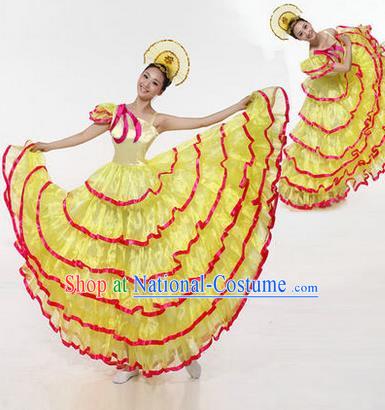 Traditional Chinese Modern Dancing Costume, Women Opening Classic Chorus Singing Group Dance Costume, Modern Dance Big Swing Yellow Dress for Women