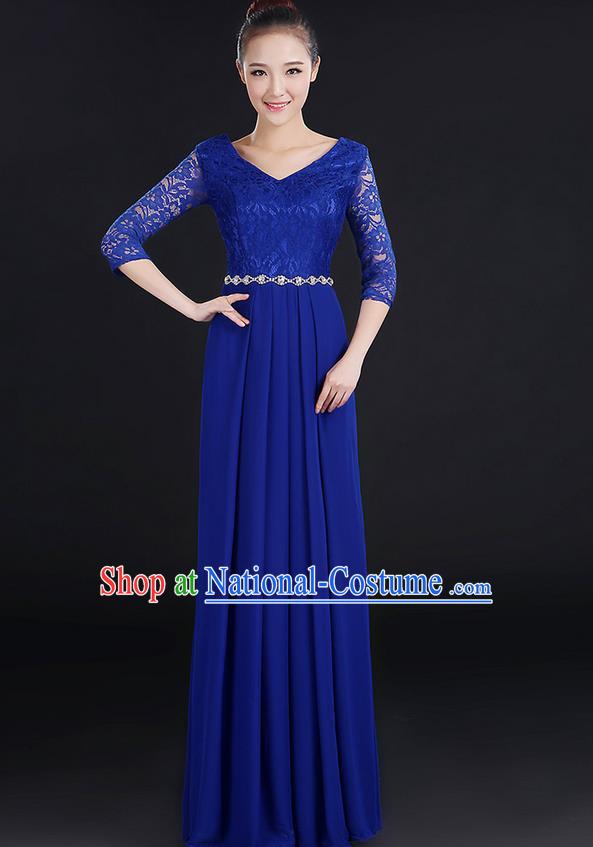 Traditional Chinese Modern Dancing Costume, Women Opening Classic Chorus Singing Group Dance Lace Clothing, Modern Dance Long Blue Dress for Women