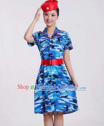 Traditional Chinese Modern Dancing Costume, Women Opening Classic Chorus Singing Group Dance Costume, Modern Dance Camouflage Blue Dress for Women