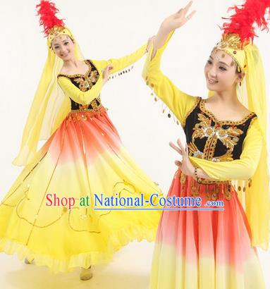 Traditional Chinese Uyghur nationality Dancing Costume, Folk Dance Ethnic Paillette Costume, Chinese Minority Nationality Uigurian Dance Costume for Women