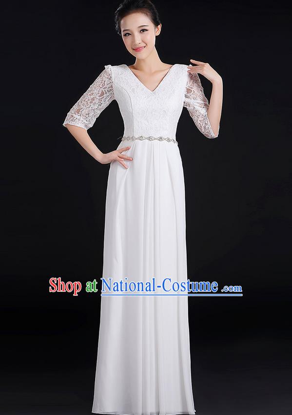 Traditional Chinese Modern Dancing Costume, Women Opening Classic Chorus Singing Group Dance Lace Clothing, Modern Dance Long White Dress for Women