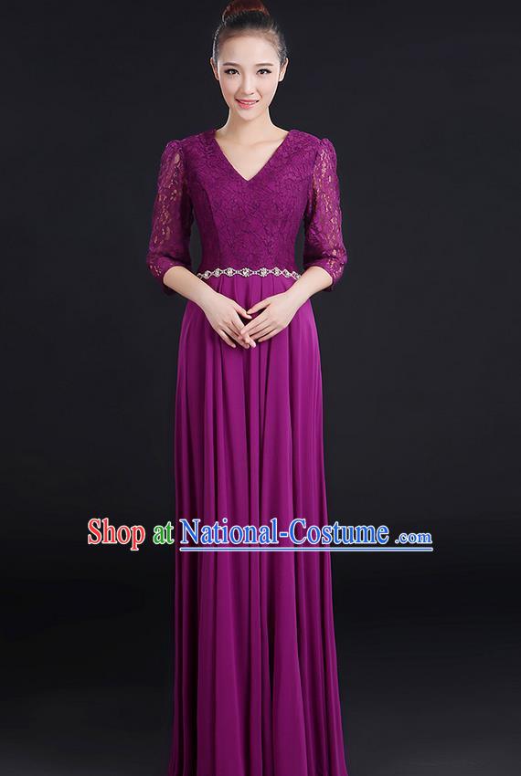 Traditional Chinese Modern Dancing Costume, Women Opening Classic Chorus Singing Group Dance Lace Clothing, Modern Dance Long Purple Dress for Women