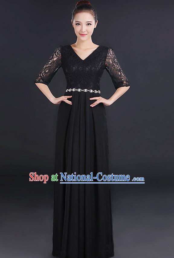 Traditional Chinese Modern Dancing Costume, Women Opening Classic Chorus Singing Group Dance Lace Clothing, Modern Dance Long Black Dress for Women