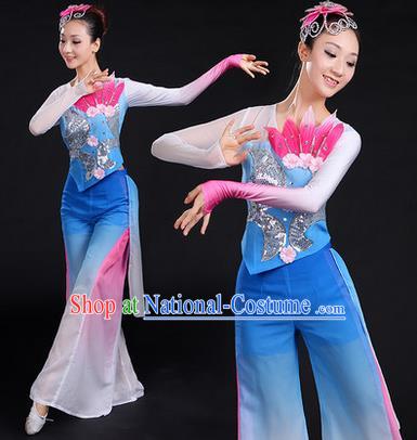 Traditional Chinese Yangge Fan Dancing Costume, Folk Dance Yangko Paillette Uniforms, Classic Lotus Dance Dress Drum Dance Blue Clothing for Women