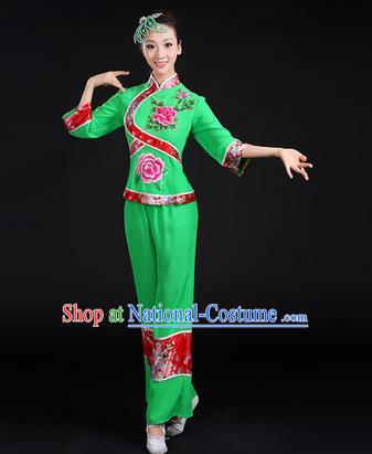 Traditional Chinese Yangge Fan Dancing Costume, Folk Dance Yangko Peony Uniforms, Classic Dance Dress Drum Dance Green Clothing for Women