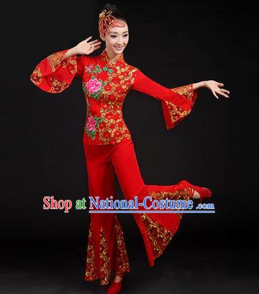 Traditional Chinese Yangge Fan Dancing Costume, Folk Dance Yangko Embroider Uniforms, Classic Dance Dress Drum Dance Red Clothing for Women