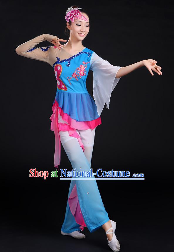 Traditional Chinese Yangge Fan Dancing Costume, Folk Dance Yangko Paillette Flowers Uniforms, Classic Dance Dress Drum Dance Blue Clothing for Women