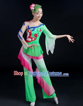 Traditional Chinese Yangge Fan Dancing Costume, Folk Dance Yangko Paillette Flowers Uniforms, Classic Dance Dress Drum Dance Green Clothing for Women