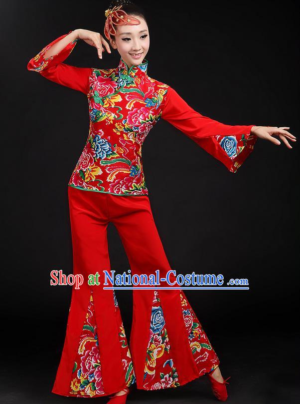 Traditional Chinese Yangge Fan Dancing Costume, Folk Dance Yangko Peony Uniforms, Classic Dance Dress Drum Dance Red Clothing for Women