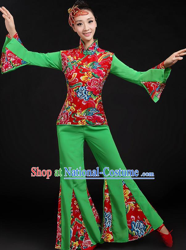 Traditional Chinese Yangge Fan Dancing Costume, Folk Dance Yangko Peony Uniforms, Classic Dance Dress Drum Dance Green Clothing for Women