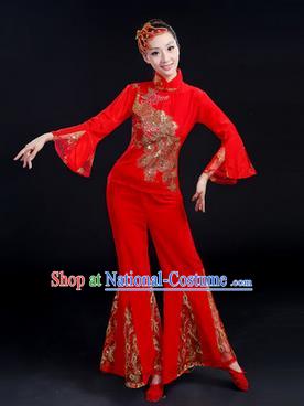 Traditional Chinese Yangge Fan Dancing Costume, Folk Dance Yangko Paillette Phoenix Uniforms, Classic Dance Dress Drum Dance Red Clothing for Women