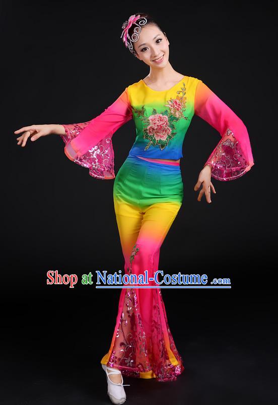 Traditional Chinese Yangge Fan Dancing Costume, Folk Dance Yangko Gradient Paillette Peony Uniforms, Classic Dance Dress Drum Dance Clothing for Women