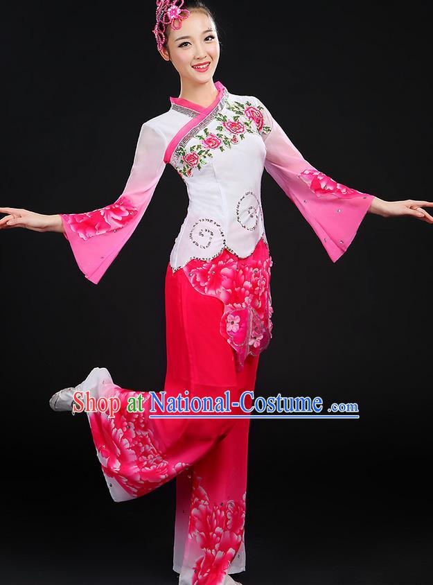 Traditional Chinese Yangge Fan Dancing Costume, Folk Dance Yangko Blue and White Porcelain Uniforms, Classic Dance Cheongsam Dress Drum Dance Pink Clothing for Women