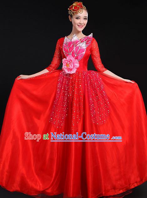 Traditional Modern Dancing Costume, Women Opening Classic Chorus Singing Group Dance Bubble Uniforms, Modern Dance Long Paillette Peony Red Dress for Women