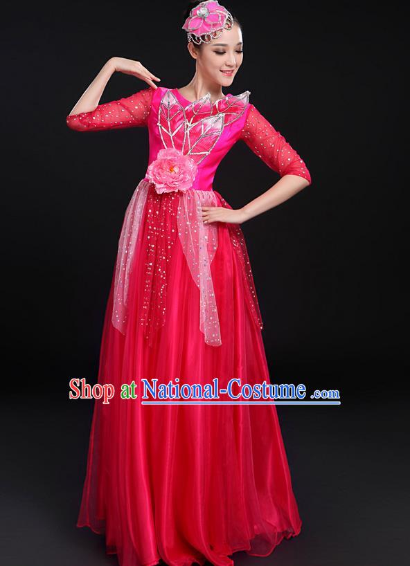 Traditional Modern Dancing Costume, Women Opening Classic Chorus Singing Group Dance Bubble Uniforms, Modern Dance Long Paillette Peony Pink Dress for Women