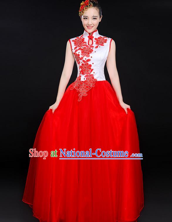 Traditional Modern Dancing Costume, Women Opening Classic Chorus Singing Group Dance Bubble Uniforms, Modern Dance Long Embroidered Cheongsam Dress for Women