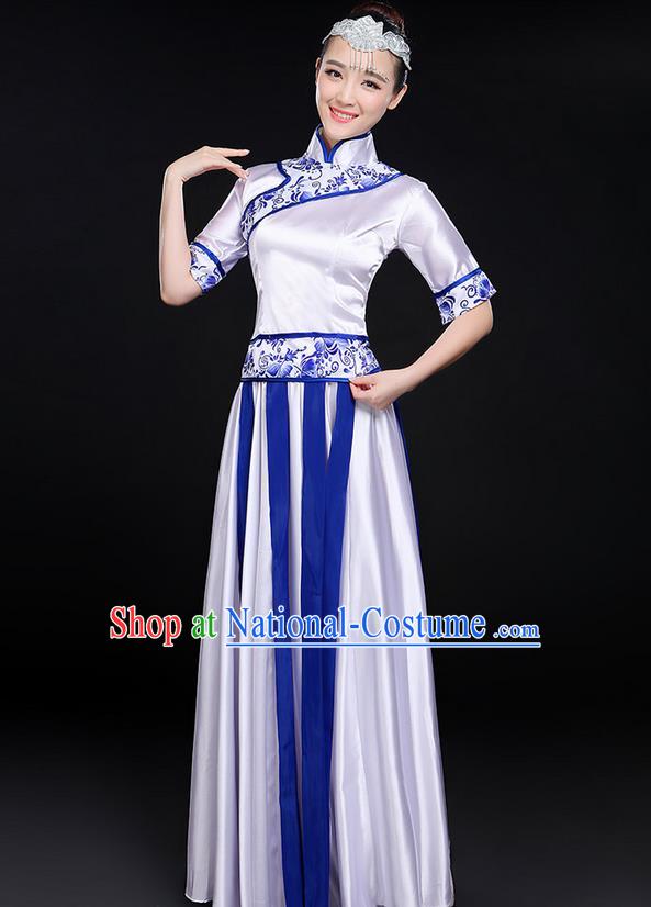 Traditional Modern Dancing Costume, Women Opening Classic Chorus Singing Group Dance Blue and White Porcelain Uniforms, Modern Dance Long Cheongsam Blue Dress for Women