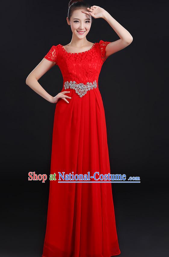 Traditional Modern Dancing Compere Costume, Women Opening Classic Chorus Singing Group Dance Uniforms, Modern Dance Lace Long Red Dress for Women