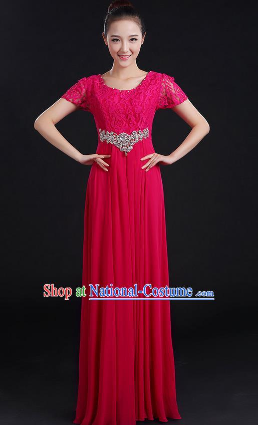 Traditional Modern Dancing Compere Costume, Women Opening Classic Chorus Singing Group Dance Uniforms, Modern Dance Lace Long Rose Dress for Women