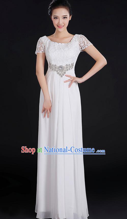 Traditional Modern Dancing Compere Costume, Women Opening Classic Chorus Singing Group Dance Uniforms, Modern Dance Lace Long White Dress for Women