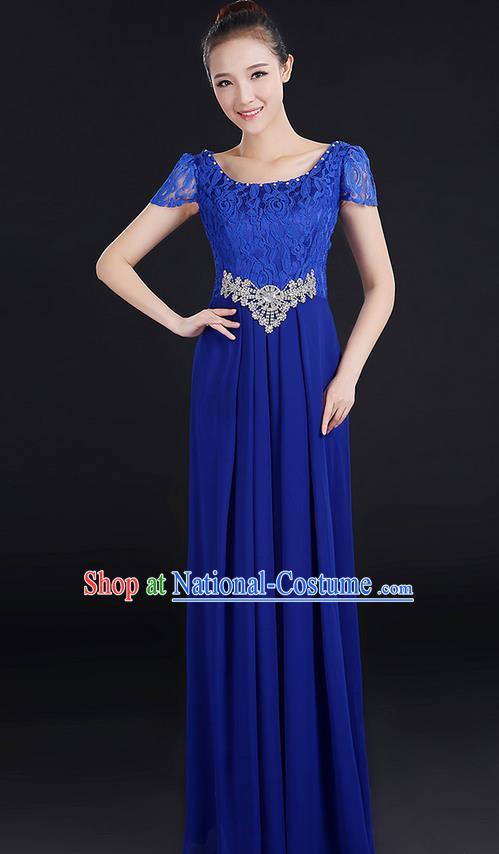 Traditional Modern Dancing Compere Costume, Women Opening Classic Chorus Singing Group Dance Uniforms, Modern Dance Lace Long Royalblue Dress for Women