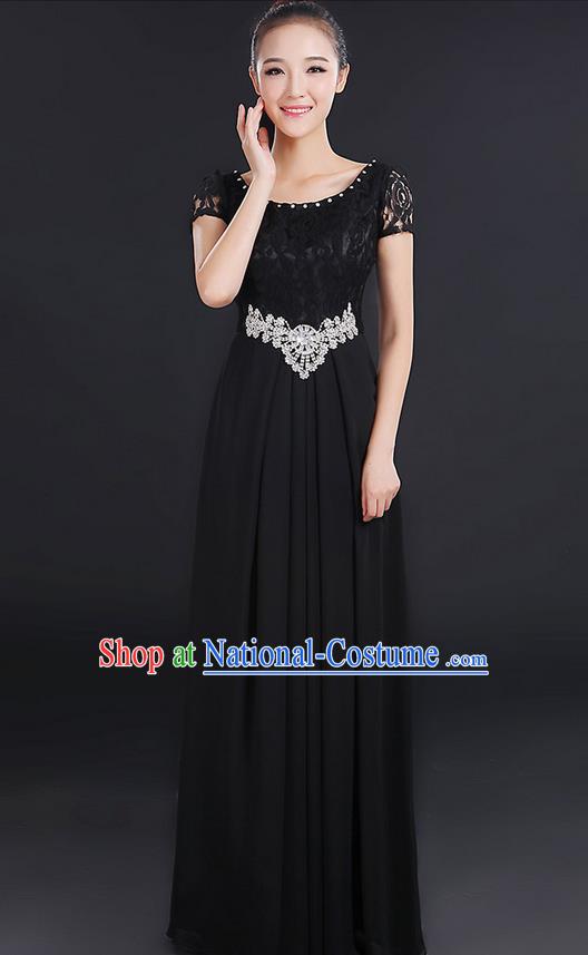 Traditional Modern Dancing Compere Costume, Women Opening Classic Chorus Singing Group Dance Uniforms, Modern Dance Lace Long Black Dress for Women