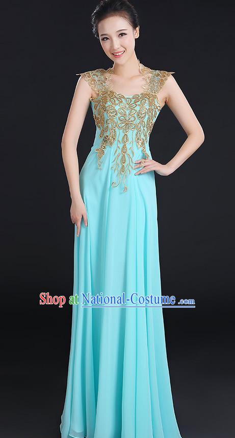 Traditional Modern Dancing Compere Costume, Women Opening Classic Chorus Singing Group Dance Uniforms, Modern Dance Paillette Long Blue Dress for Women