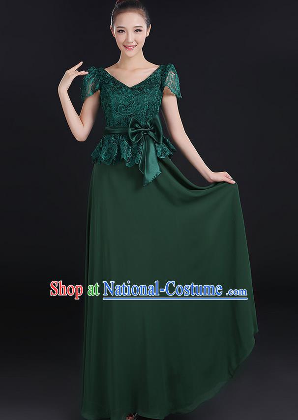 Traditional Modern Dancing Compere Costume, Women Opening Classic Chorus Singing Group Dance Bowknot Uniforms, Modern Dance Lace Long Atrovirens Dress for Women