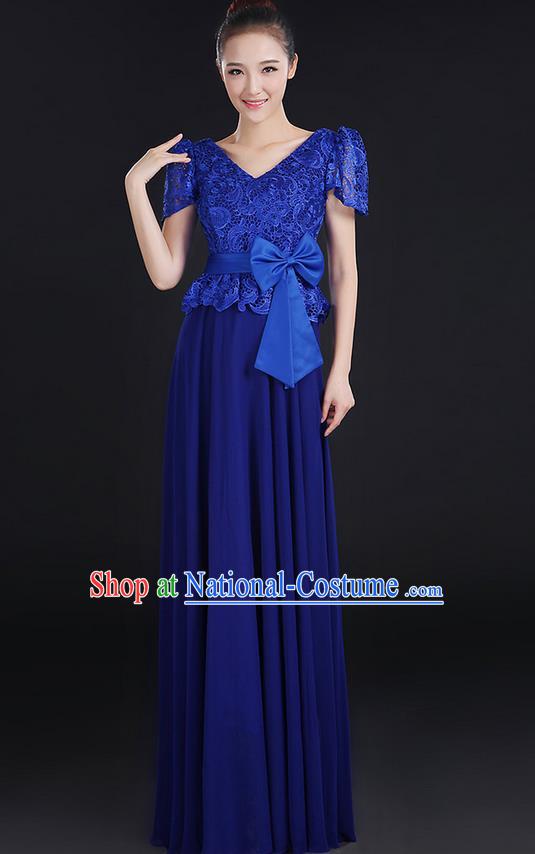 Traditional Modern Dancing Compere Costume, Women Opening Classic Chorus Singing Group Dance Bowknot Uniforms, Modern Dance Lace Long Royalblue Dress for Women